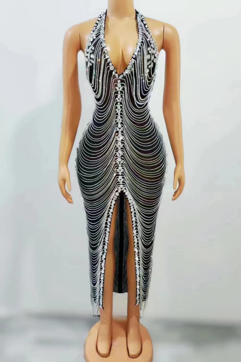 

Luxrious Rhinestones Chains Transparent V NeckBackless Black Long Dress Sexy Evening BirthdayCelebriate Prom Dress Stage A360