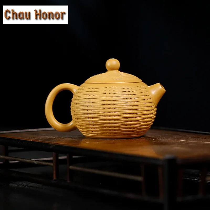 220ml Antique Yixing Purple Clay Teapots Handmade Bamboo Weaving Xishi Pot Raw Ore Section Mud Kettle With Filter Zisha Tea Set