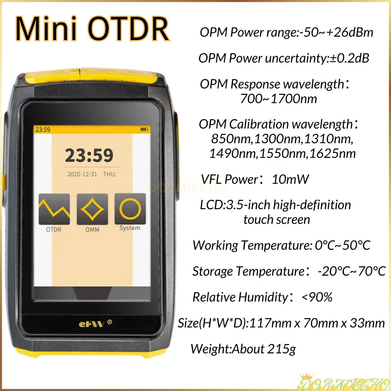 

Mini OTDR Active Fiber Live Test 1550nm 20dB 80KM Reflectometer Touch Screen OPM VFL OLS Tester SC APC/UPC Connector