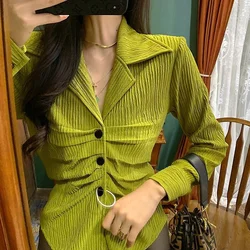 Deeptown Green Tight Shirt Women Vintage Slim Beautiful Blouses Y2k Retro Long Sleeve Chic Top Aesthetics Streetwear Clothes