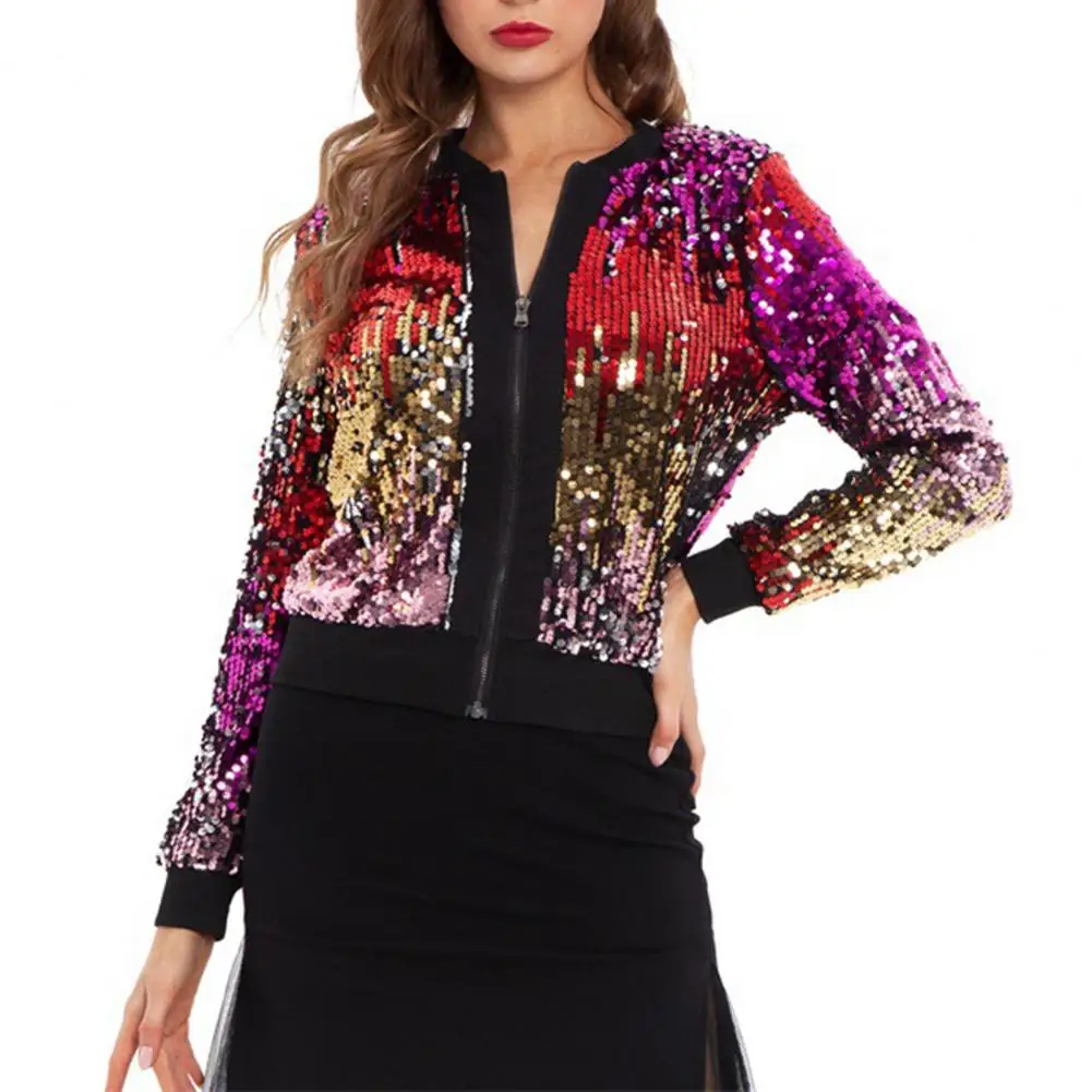 

Sequin Splicing Jacket Women Jacket Sequin Zipper Closure V Neck Long Sleeve Gradient Color Cardigan for Women Soft Club