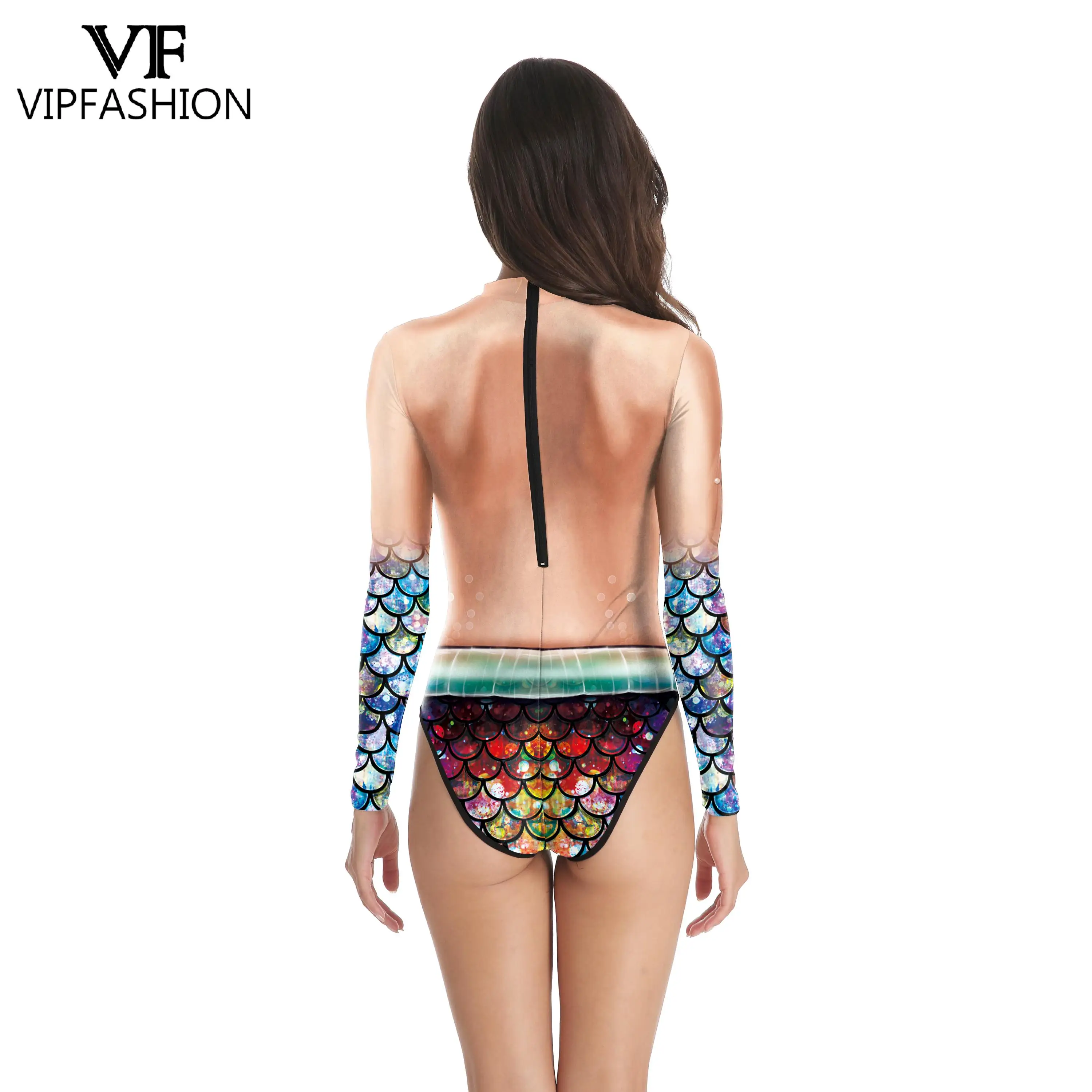 VIP FASHION Womens Mermaid Costumes Fish Scales Shell Bodysuit 3D Print Sexy Swimsuit Long Sleeve Cosplay Outfit Swimwear cosplay costume