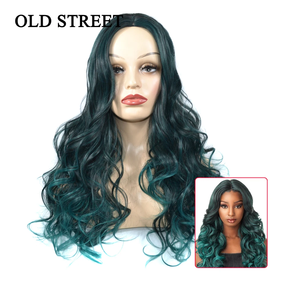

Long Body Wave Highlight Wig Synthetic Body Wavy Dark Green Middle Part Wigs For Women Natural Hairline Heat Resistant Fiber