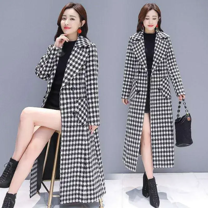 

2022 New Spring Plaid Woolen Jacket Ladies Clothing Elegant Slim Temperament Long Outwear Windproof Women Oversized Windbreaker