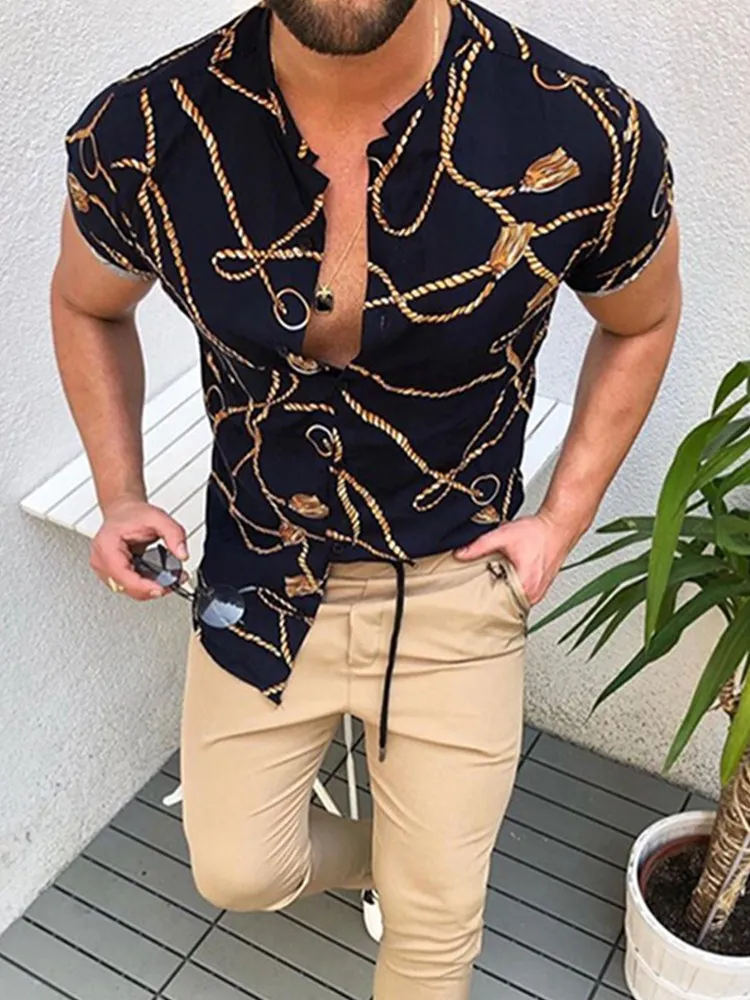 

Nation Style Summer Man Shirt 2023 Mens Ethnic Printed Stand Collar Stripe Short Sleeve Loose Hawaiian Henley Casual Shirt