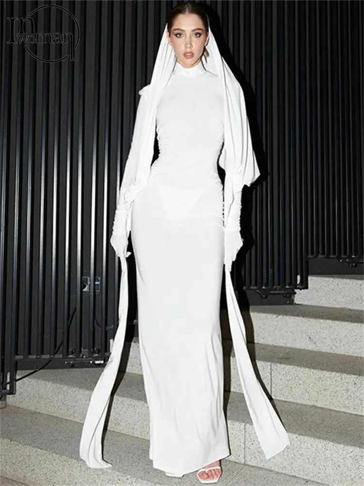 

Inwoman Spring White Long Sleeve Split Maxi Dress Club Outfit For Women 2024 Black Hooded Bodycon Long Dress Elegant Party Dress