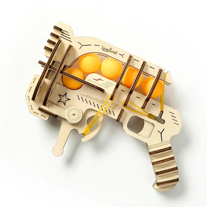 

Ping Pong Guns 3D Wooden Puzzle Handgun Toys Catapult Device Assemble Buiding Blocks for Children's birthday party games