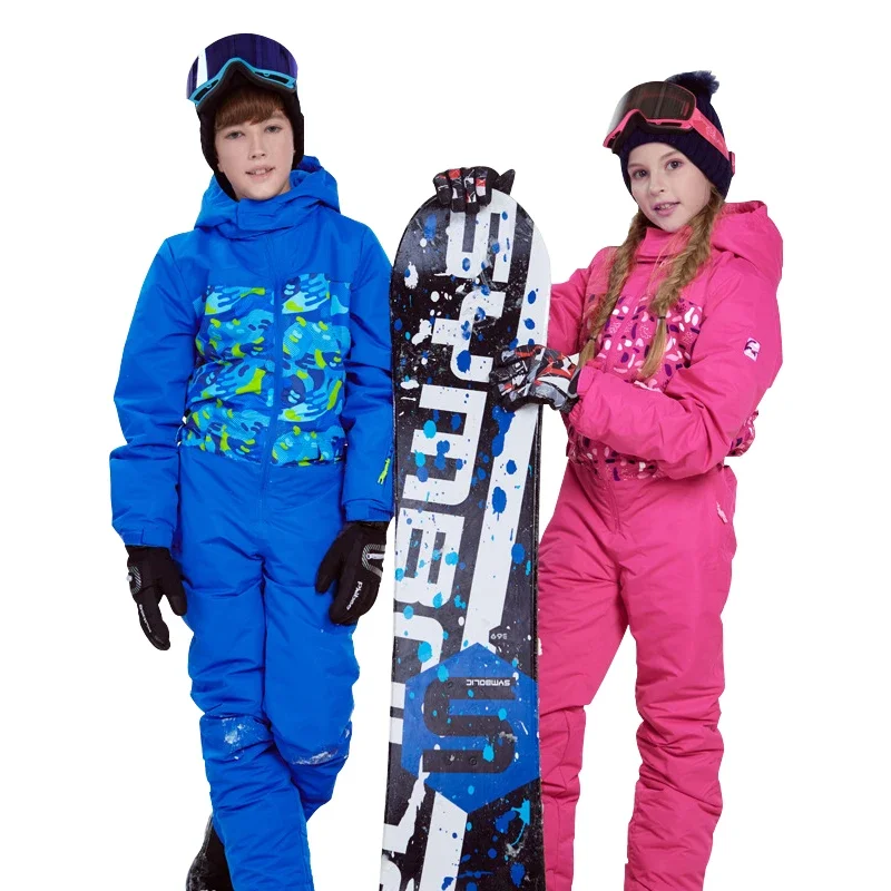 子供用フード付きスキージャンプスーツ、防風スノーオーバーオール、スポーツスノーボード服、暖かい屋外キッズスーツ、男の子と女の子、冬、2024