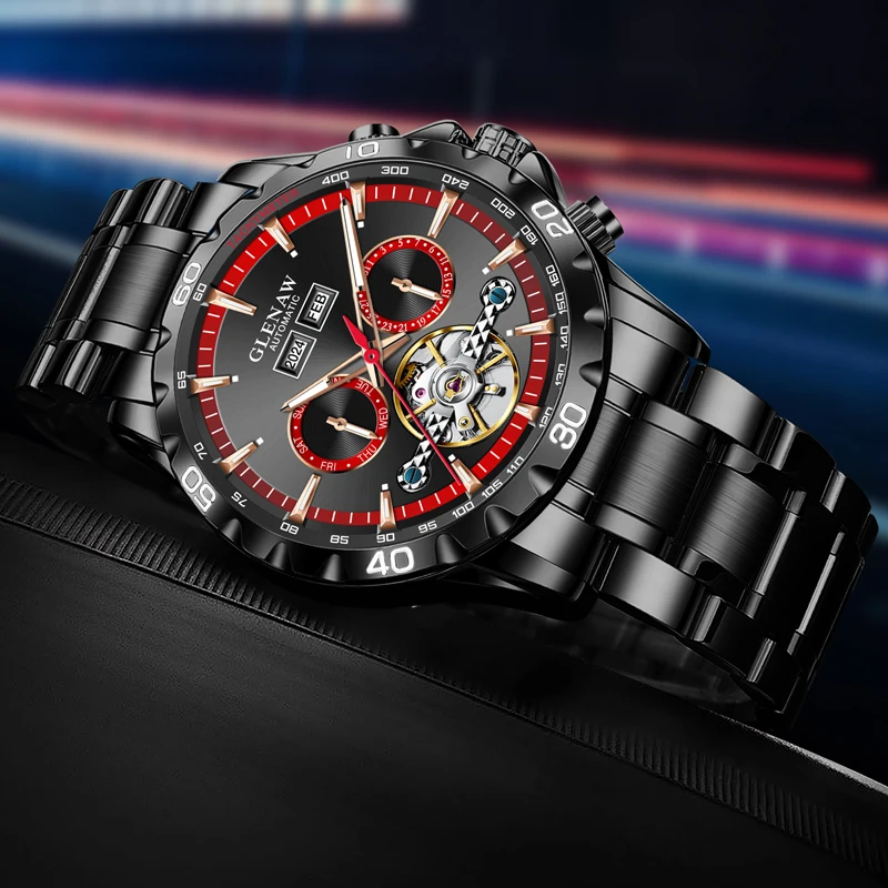 GLENAW High-end Hollow Flywheel Fully Automatic Mechanical Men's Dual Calendar Watch Waterproof Luminous Stainless Steel Watch 5