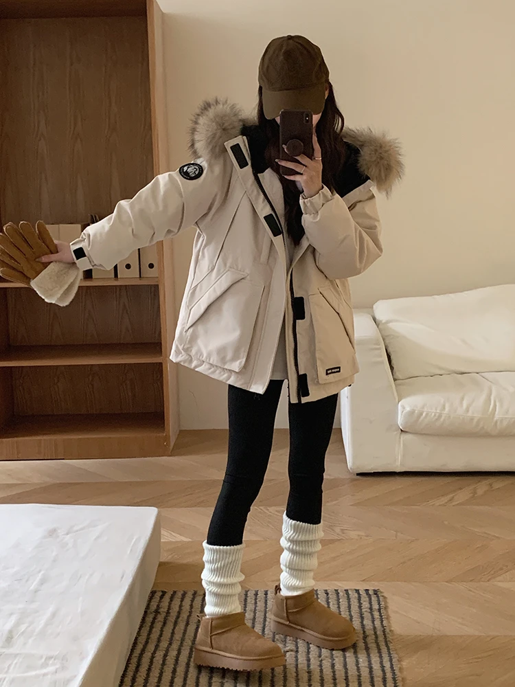 thumbnail image 1 of Nuevas chaquetas de invierno para mujer, abrigos cortos con capucha y cuello de piel grande, plumón de pato blanco, parkas cálidas y gruesas, abrigo informal holgado, 1 of 5