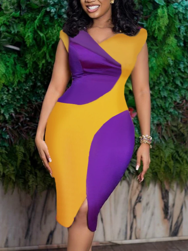 Women Bodycon Dress Yellow Purple 