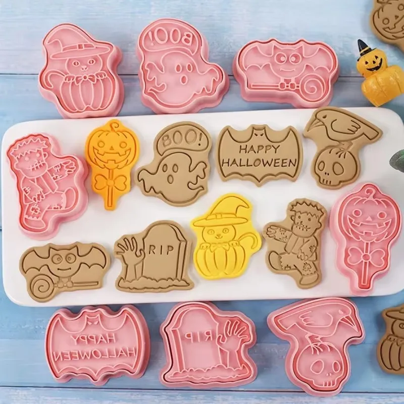8pcs Set Halloween Cookie Mold Cartoon Cookie Cutters Pressable Biscuit Mold Confectionery Stamp Baking Pastry Bakeware Tools