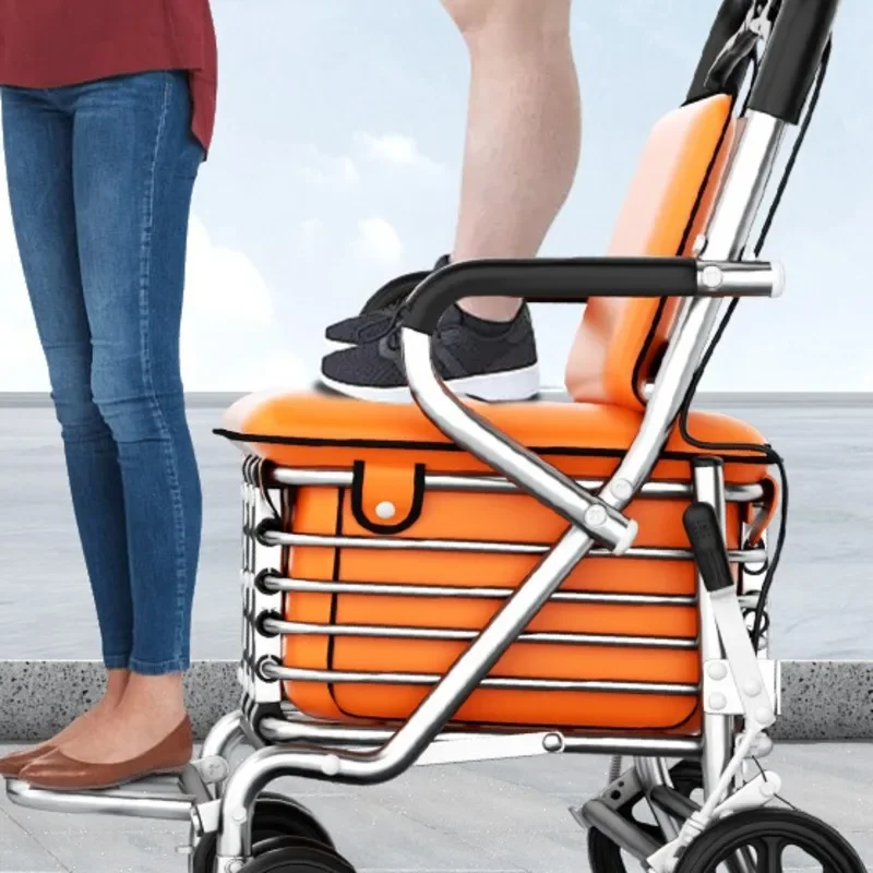 Elderly Shopping Cart Dual Brake Anti-Slip Trolley Comfortable Seat Stable Heavy-Duty Small Pushcart Convenient Grocery