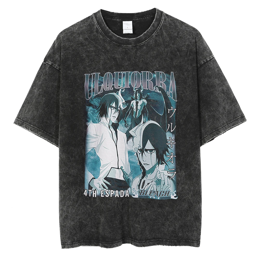 

2023 Men Hip Hop Washed Black Streetwear Anime BLEACH Printed T-Shirt Harajuku Vintage Tshirt Cotton Causal Tops Tee