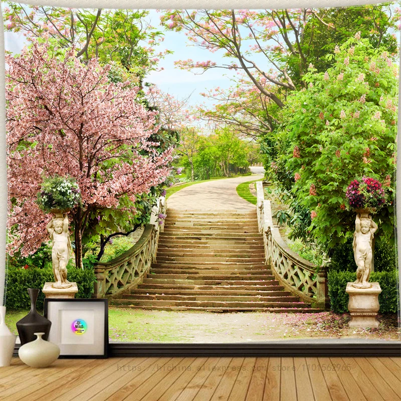 Europäische Landschaft Wandteppich Natürliche Meerblick Wasserfall Ästhetik Böhmischen Hippie Wohnkultur Landschaft Wandteppich Hängen – Detail 23