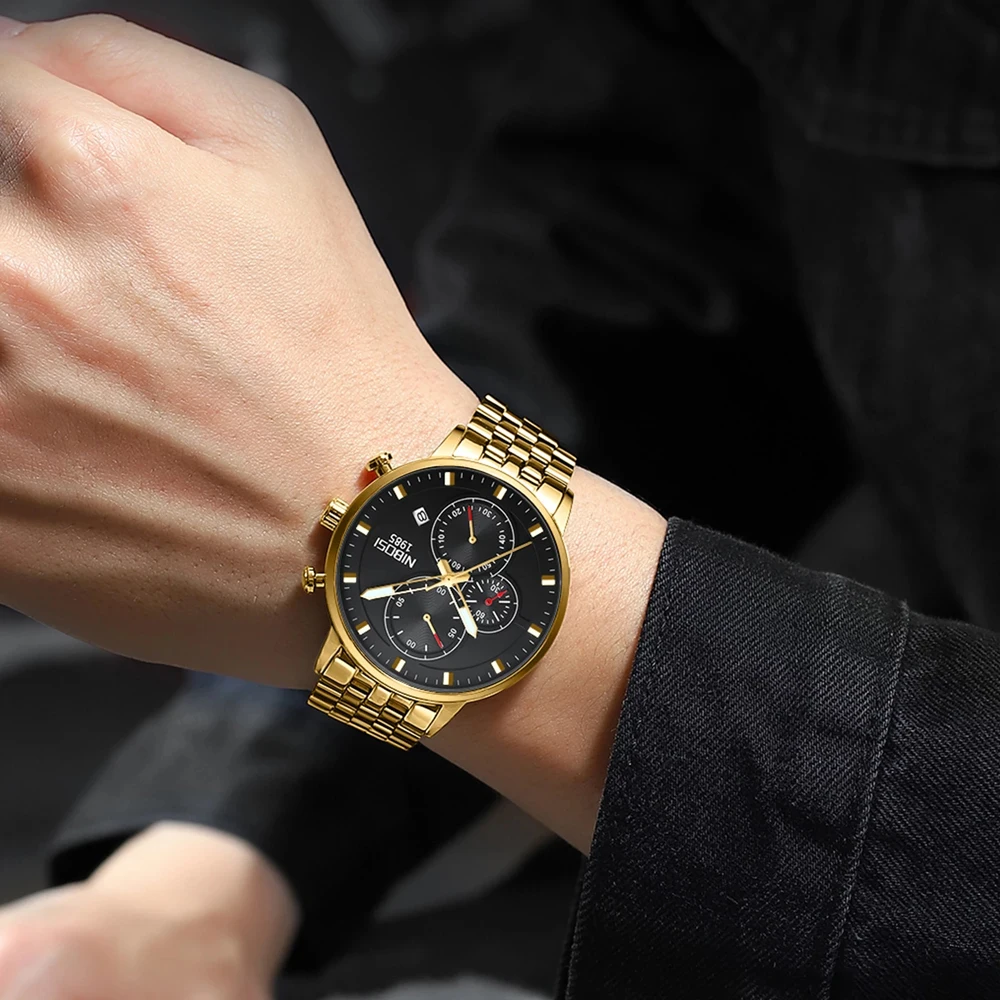 NIBOSI Mens Watches Brand Luxury Gold Stainless Steel Chronograph Quartz Watch for Men Sports Wristwatches Relogio Masculino