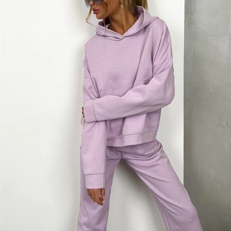 

2023 Women's Autumn and Winter New Hooded Pocket Sweater Set Solid Color Two Piece Set Long Sleeve Loose Ladies Clothing Outside