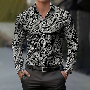 Vintage Men's Paisley Cashmere Flower Long Sleeve Shirt Print Casual Elegant Fashion Comfortable High Quality Men's Lapel Top