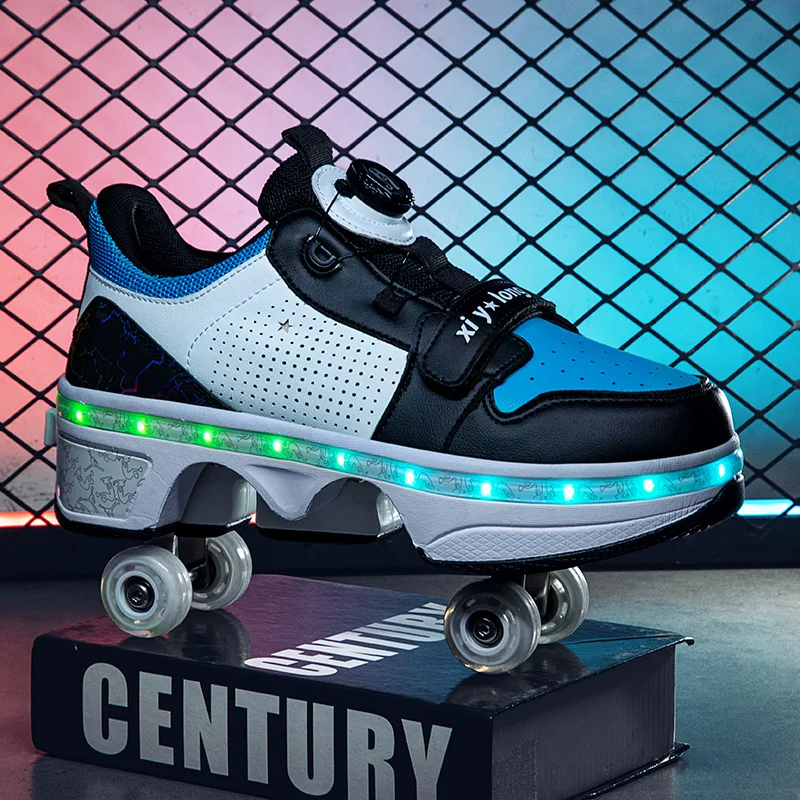 RDJSHOP Ragazzi Ragazze Pattini a Rotelle a Doppia Ruota Scarpe Lampeggianti a LED di Ricarica USB Scarpe da Ginnastica per Pattinaggio in Linea Scarpe da Skateboard Tecniche,Black-4UK/36EU