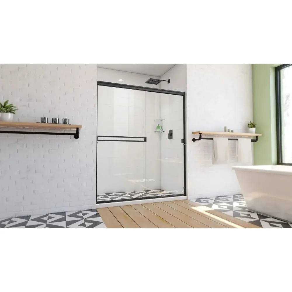 Alliance Pro BG 56-60 in. W x 70 3/8 in. H Semi-Frameless Sliding Shower Door in Matte Black and Clear Glass, glass shower door 3