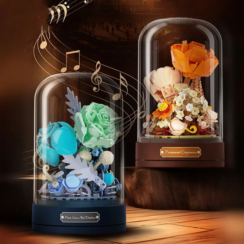 Forever Love Flowers Carillon Gift Creative Fun Flower Shell Music Box Home Office Desk Decorazione Building Blocks Mattoni Giocattoli