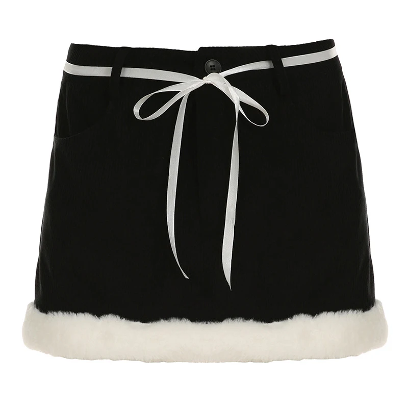 y2k Skirt Women Aesthetic Clothes Contrast Color Tie-up Low Waist Furry Patchwork Short Mini Skirt 2000s Streetwear