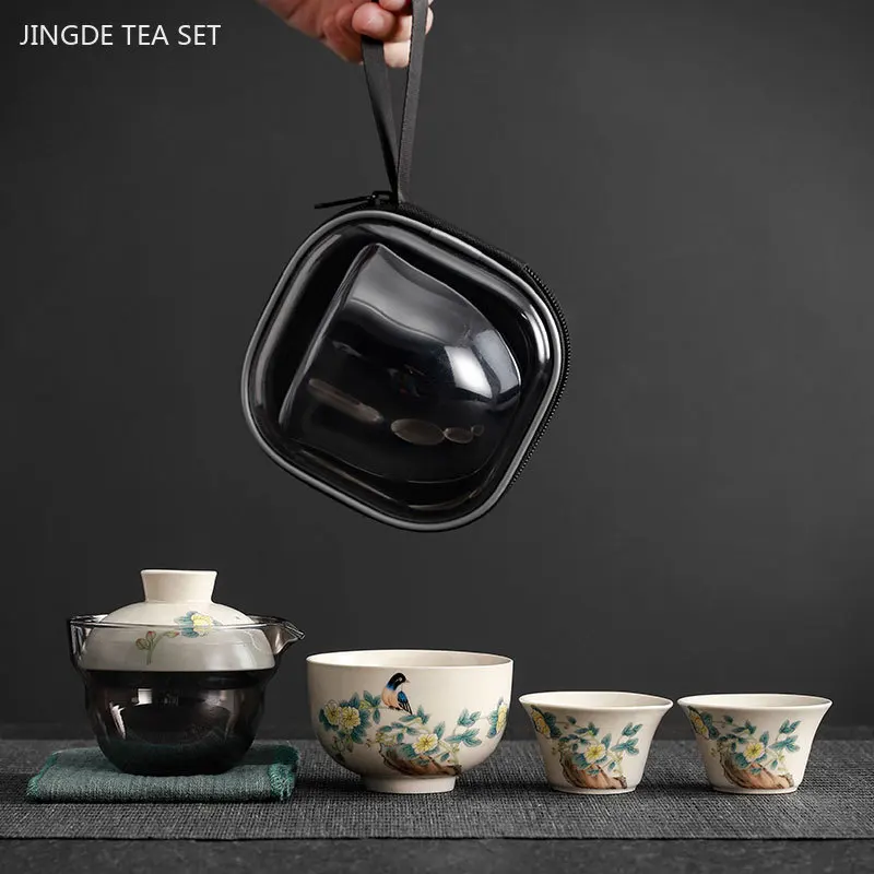 Hand-painted Travel Tea Set Home Car Outdoor Tea Infuser Portable One Pot Three Cups Ceramic Teaware Bring A Storage Bag