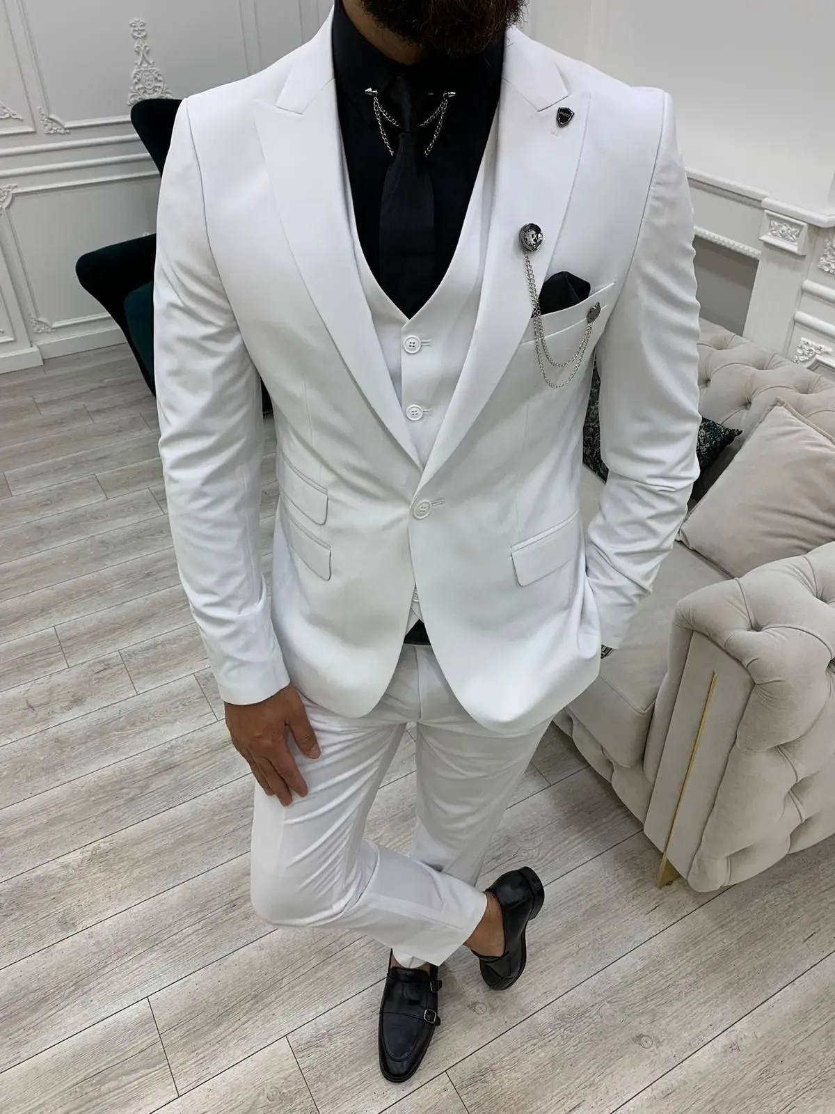 

Grace White 3 Pieces Slim Fit Suits for Men Wedding Tuxedos Male Fashion Jacket Vest with Pants Peaked Lapel Blazer Sets