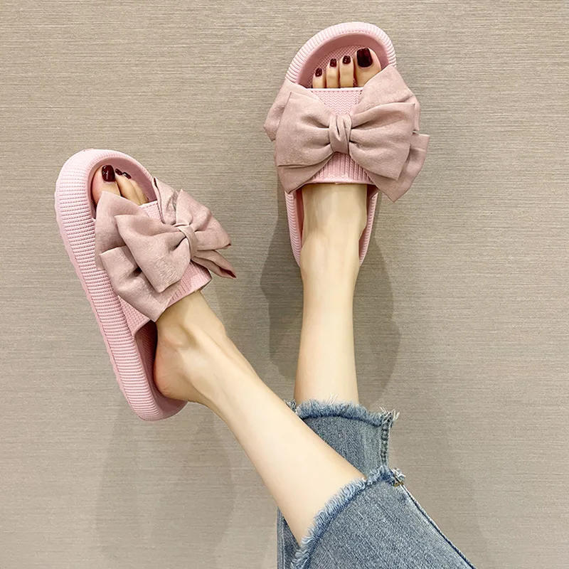 New bow tie Slippers Women Summer Thick Indoor Home Sandals Couples Bathroom Slides Non-slip Soft House Slippers femme