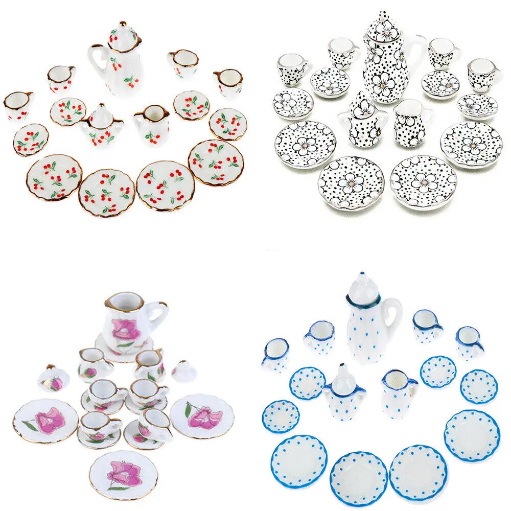 Skylety 1:12 Miniature Porcelain Tea Set - 8 Piece Dollhouse Kitchen Accessories With Flower Pattern