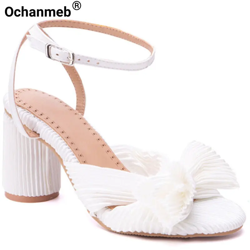 

Женские свадебные босоножки Ochanmeb, однотонные белые, розовые, небесно-голубые плиссированные атласные босоножки с бантом на щиколотке, с пряжкой, 32
