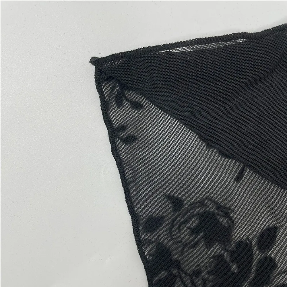 Modisches Durchsichtiges Spitzen-Langarmshirt Figurbetonte Basis-Schicht Blumendruck Netz-Oberteil Glockenärmel Chiffon Rüschenbluse – Detail 3
