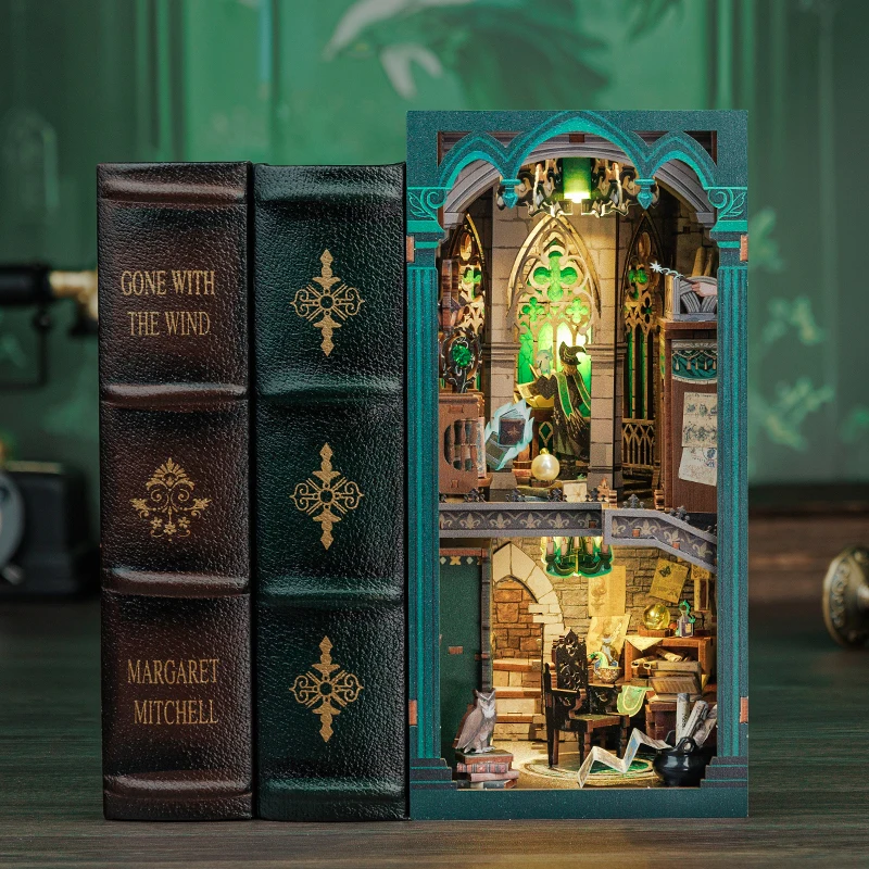 CUTEBEE DIY Book Nook Wooden Dollhouse with Light Dust Cover Magic Bookshelf Insert 3D Puzzle Decor Gift Darkness Common Room 4