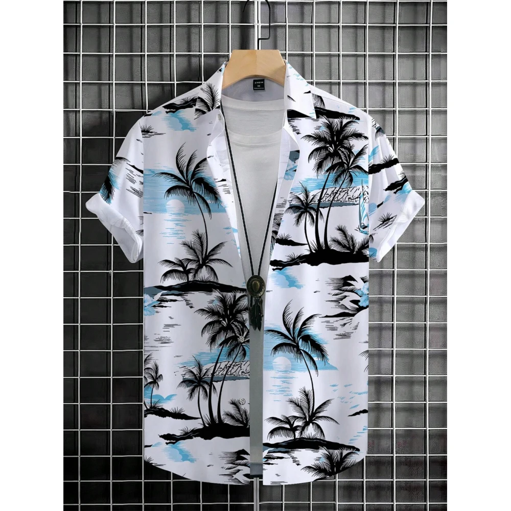 Casual Short Sleeved Shirt Short Sleeved Shirt Button Down Shirt Men's Coconut Tree Graphic Print Short Sleeve Lapel Shirt Tops Men's Casual Button down Shirts Clothing Versatile