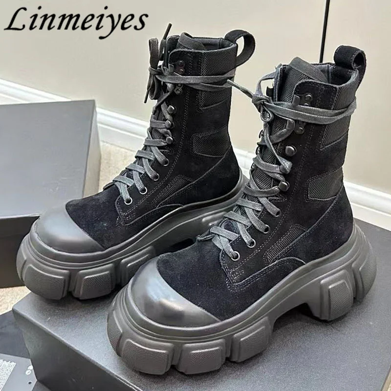 

Classic Black Ankle Boots Women Round Toe Lace-up Height Increasing Knight Boots Female leather Platform Chelsea Boots Woman