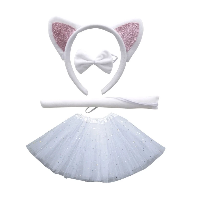 Cats-Costume Set Cat-Ears Headband Bowtie Tail Tutu Skirt for Kids-Girls-Boys Halloween Costume Cosplay Party Props