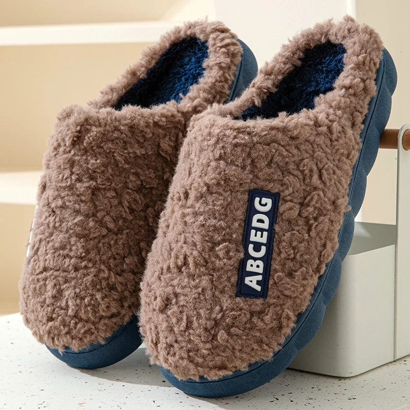 Men Slippers Winter Home Furry Slippers Women Color Patchwork Cotton Slipper Female Home Slippers Indoor Non-Slip Plush Slides