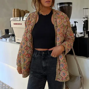 Winter Green Flower Print V neck Quilted Jacket Ethnic Women Tie Bow Sashes Quilting Full Sleeve Coat BOHO Midi Outerwear 3