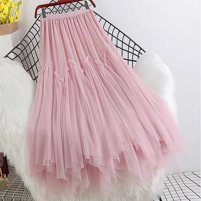 Irregular mid-length large size gauze skirt women's increase fat MM high waist A-line double-layer mesh skirt silk skirt