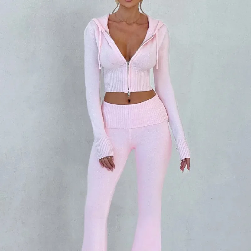 Autumn Ribbed  Knitted Two Piece Set Women Tracksuit Long Sleeve Zipper Hoodies Pants Sets Casual Solid Sweatshirt Suits