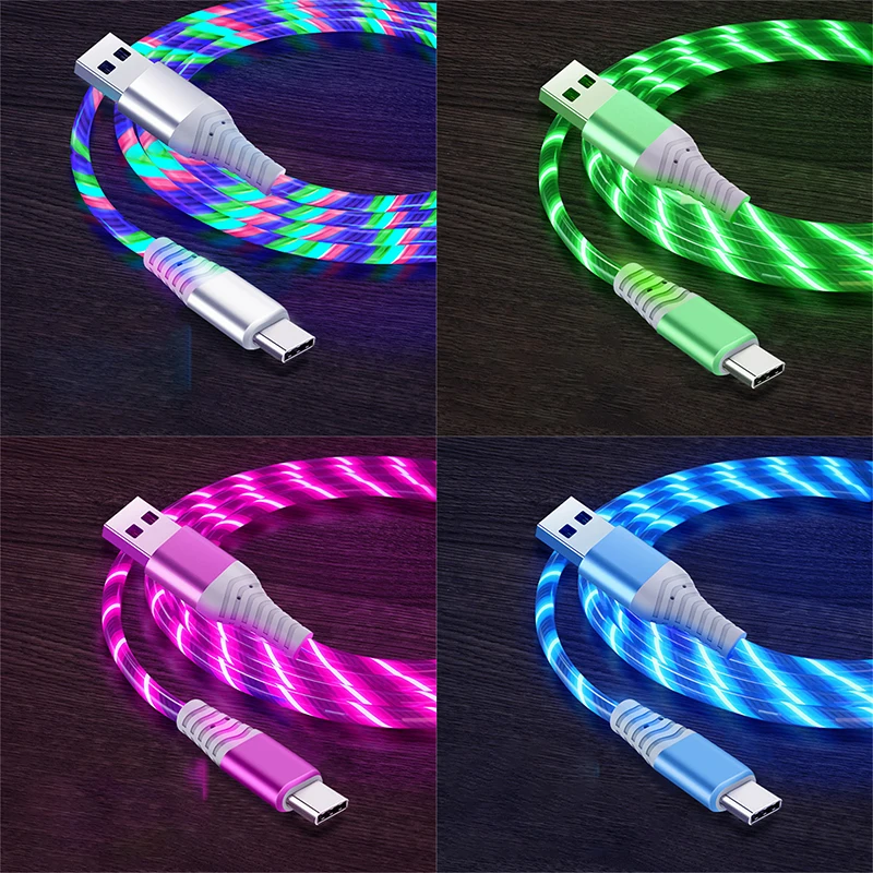 Flow Shoous-Câble USB de type C 3A, charge rapide, cordon de données pour Samsung Xiaomi OPPO Huawei IPhone, chargeur micro USB, fil LED