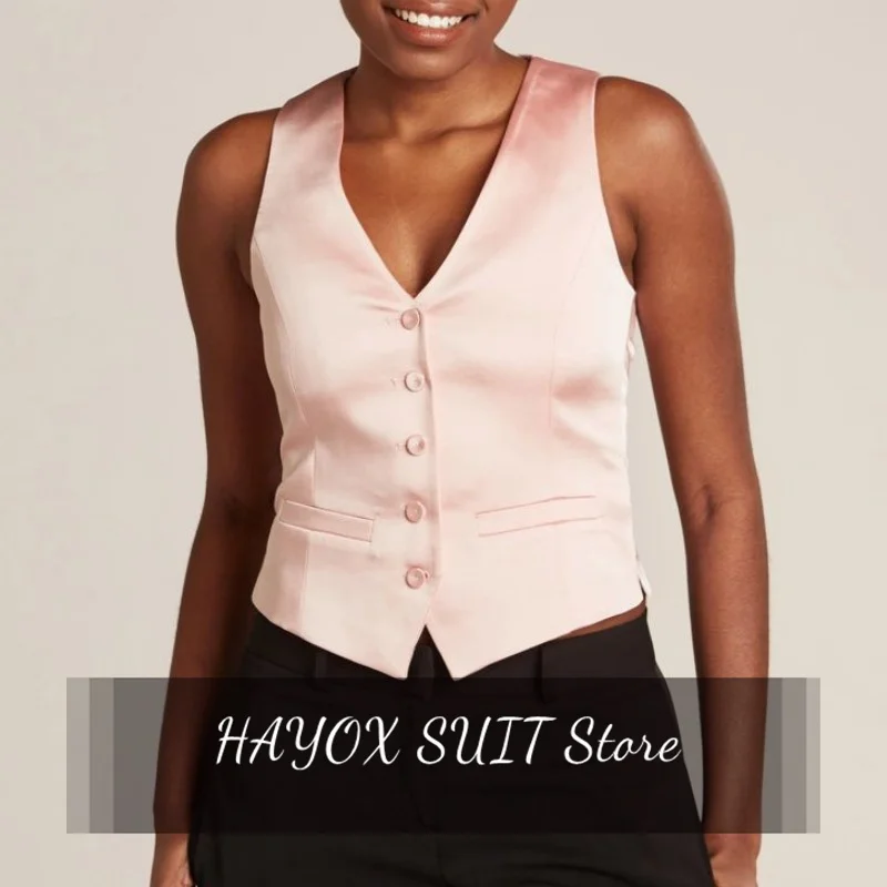 

Women's Suit Vest New Fashion Satin Silky Sexy V-neck Sleeveless Slim Single-breasted Solid Color Cool Casual Business Top Coat