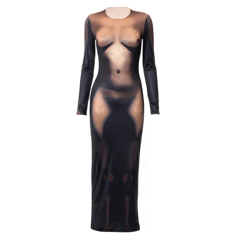 Y2K 3D Body Print Maxi Dress Women Long Sleeve Unique Sexy Body-Shaping Attirewear Robe Party