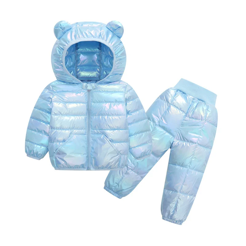 Kids Shiny Bear Ear Hooded Puffer Set Toddler 2 - Piece Metallic Coat & Pants Outfit 1-5Y