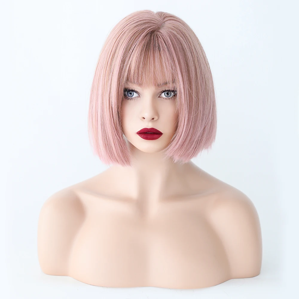 Strawberry Pink Short Straight Hair Bob Wig with Bangs Women Wig Heat Resistant Synthetic Wigs Cosplay Lolita Party Daily Use