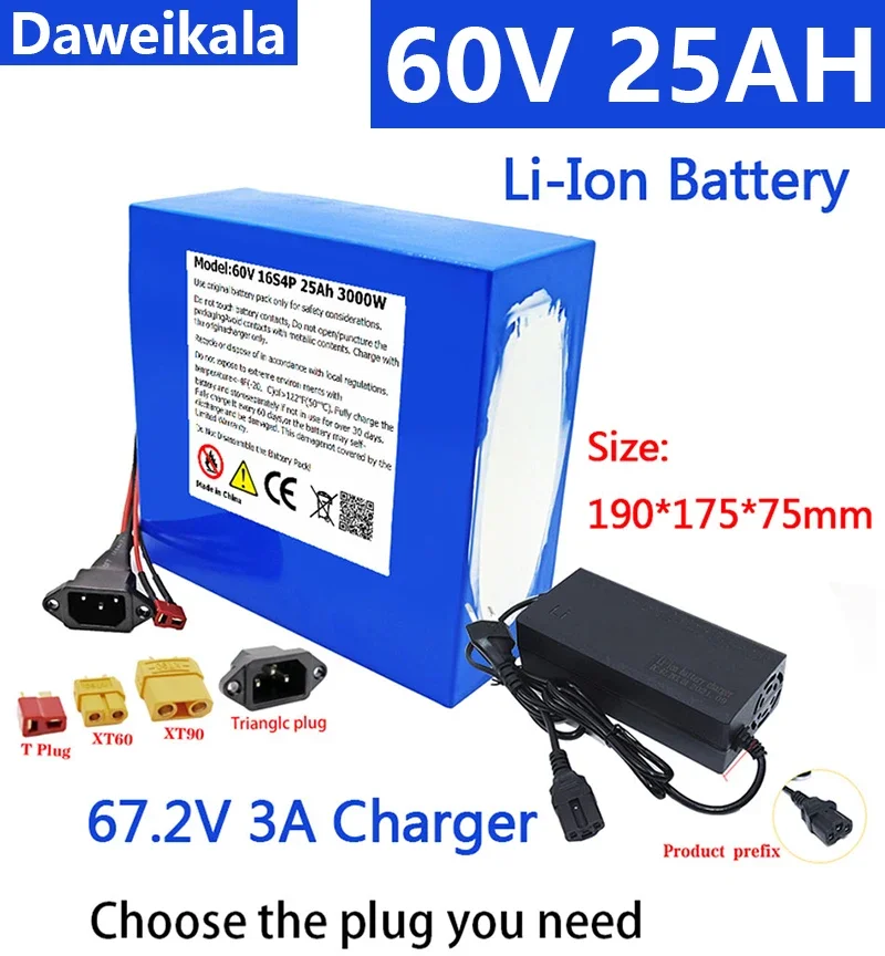 

New60V 25Ah Electric Bike 21700 Battery for Scooter Motorcycle 67.2V 16S4P 3000W Rechargeable Battery with Same Port BMS+charge