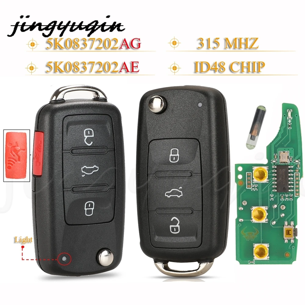 

jingyuqin 3/4Buttons Car Remote Key Fob 315/433Mhz ID48 For VW Bettle CC EOS Golf Jetta Passat Tiguan Touareg 5K0837202AD / AG