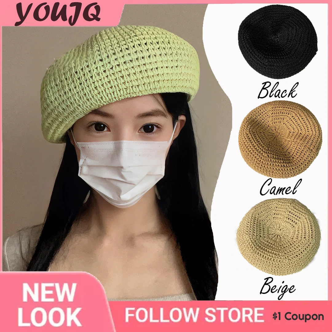 

INS Sweet Girl Berets Summer Sun Protection Green Straw Hollow Outdoor Beret Hats for Women British Painter Cap Boina Kawaii
