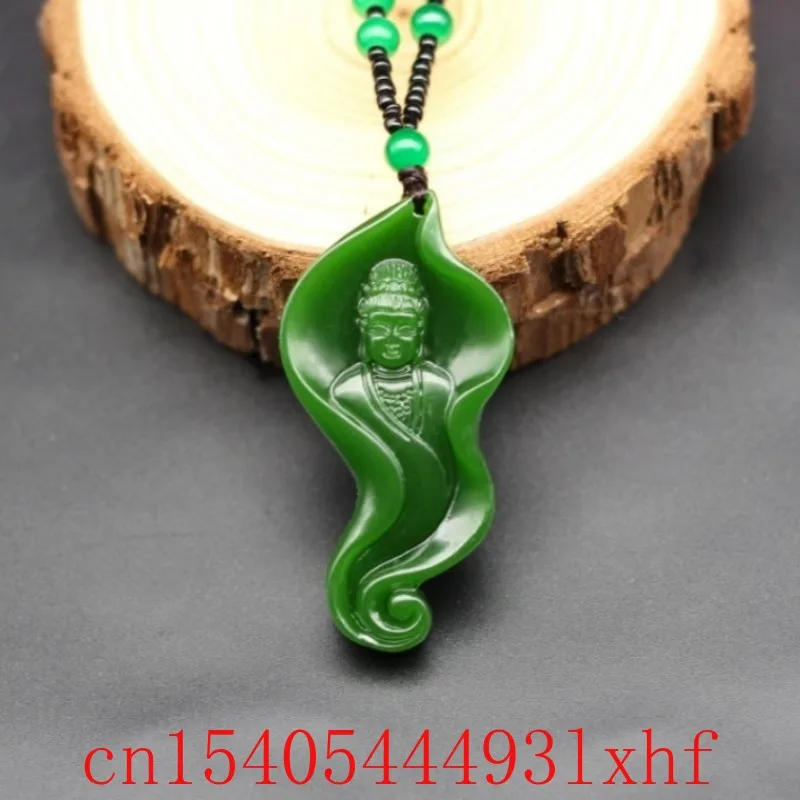 

Natural Hetian Green Jade Guanyin Pendant Necklace Hand-carved Fashion Fine Jewelry Jasper Leaf Charm Amulet Gifts for Women Men
