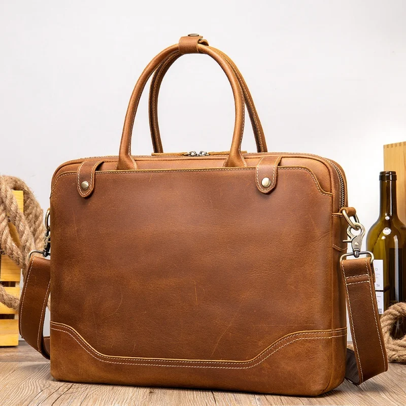 

Retro Crazy Horse Leather Men Briefcase Luxury Business Handbag Male Genuine Leather Laptop Bag Large Capacity Shoulder Bag